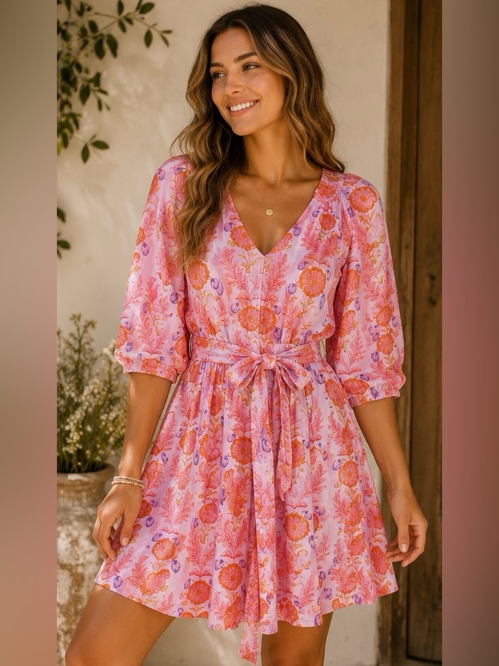 Pink Chicken Pink and Coral Floral V-Neck Tie-Waist Midi Dress